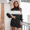 Spring Fall Patchwork Above Knee Mini Knitting Sweater Dress Women Casual Straight Half High Collar Full Lantern Sleeve Loose Waist Bandage S-XL