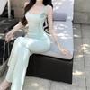Royal Sister Gentle Wind Temperament Hip Suspender Dress Summer Green Asymmetrical Three-dimensional Flower Slim Fishtail Dress