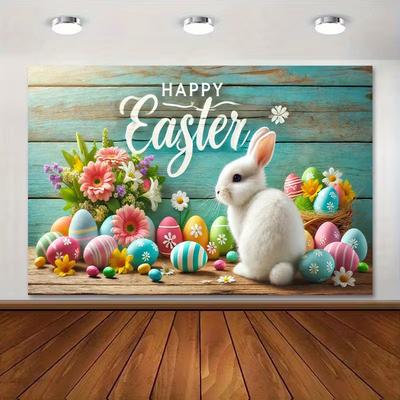 2D Spring Holiday Photo Booth Background, "Happy Easter" with Flowers and Bunny