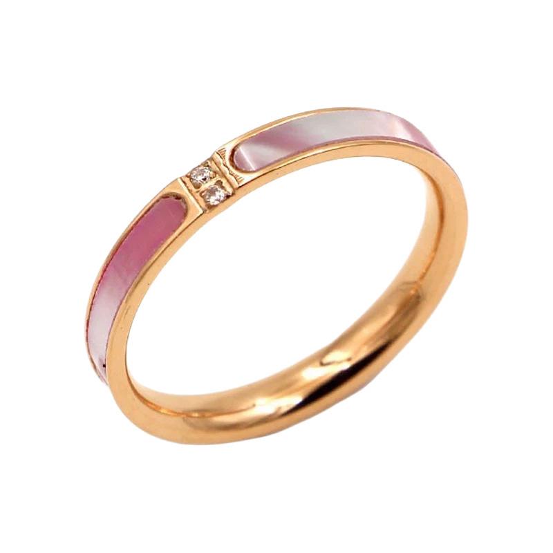Micro-Inlaid Two-Diamond Pink Shell Gold-Plated Titanium Steel Ring for Women
