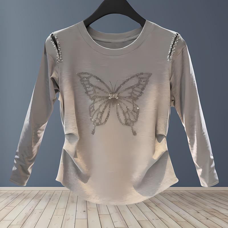 Manufacturer Rave Reviews Cotton Bottoming Shirt Autumn Butterfly Perm Diamond Beading Long-sleeved Top Women's Clothing