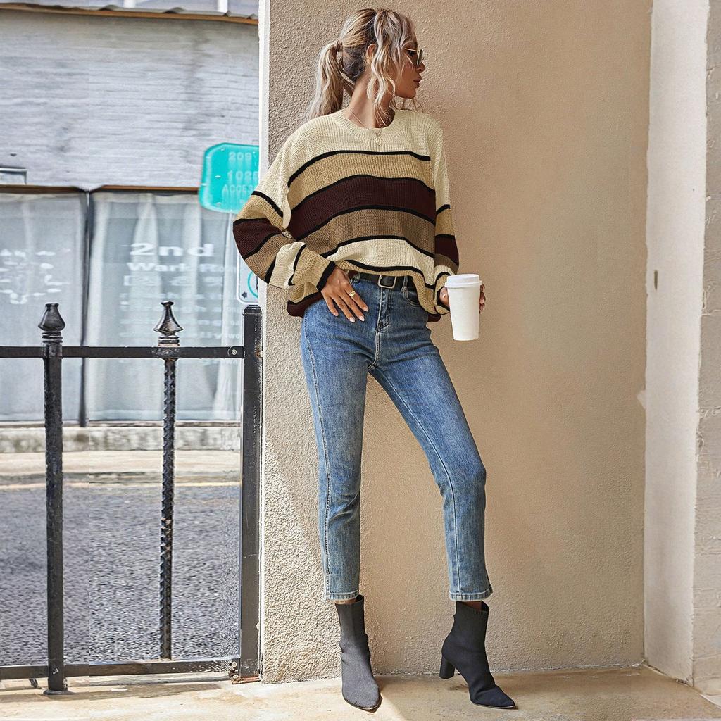 Women's Fashion Round Neck Sweater Lazy Loose Classic Striped Long Sleeves