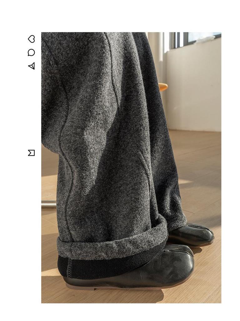 Women's Autumn/Winter 2025 Woolen Flannel Fleece-Lined Pants - Petite, Lazy, Thickened, Wide-Leg, Curved Leg Design.