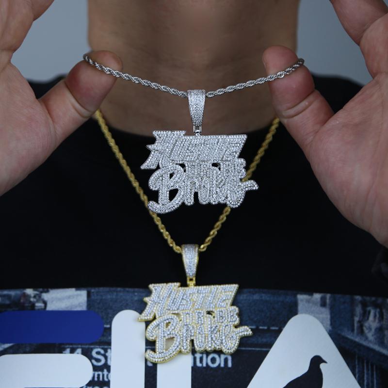New Fashion Hip Hop Bling Cubic Zircon Paved Hustle Letter Pendant Necklace with Rope Chain Men Punk Jewelry