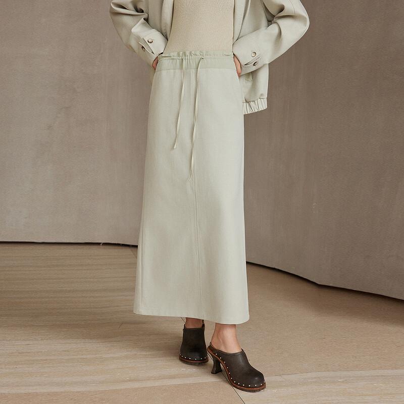 ELLE Ruffle Trim Drawstring Linen Blend Midi Skirt
