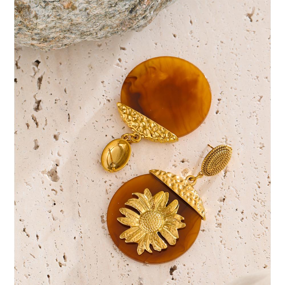 Eetit New Resin Acrylic Round Sun Flower Drop Dangle Earrings Golden Stainless Steel Autumn Winter Style Jewelry Waterproof Gift