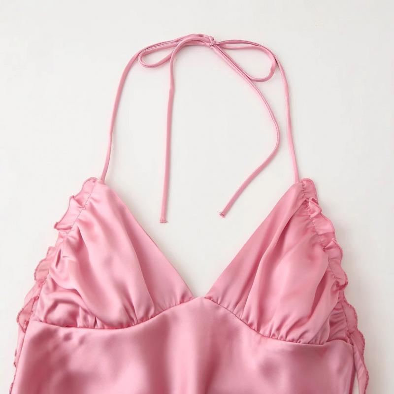 Silk Satin V-neck Backless Spaghetti Strap A-line Dress for Women - New European American Style