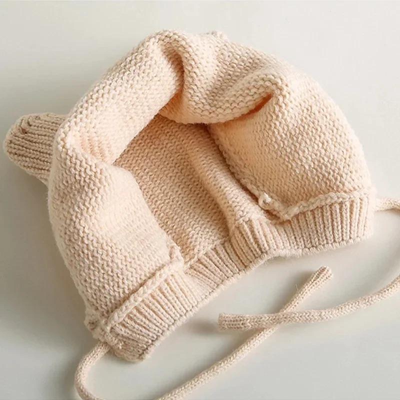 Vinter Tegneserie Baby Strikkelue Ensfarvet Varm Ørebeskyttelseslue for Spedbarn Bonnet Småbarn Barn Gutt Jente Beanie Luer