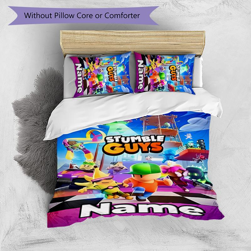 3pcs Custom Name Stumble Guys Bedding Set Duvet Cover Closure Includes 1 Duvet Cover & 2 Pillowcases for All Seasons Bedroom Decor