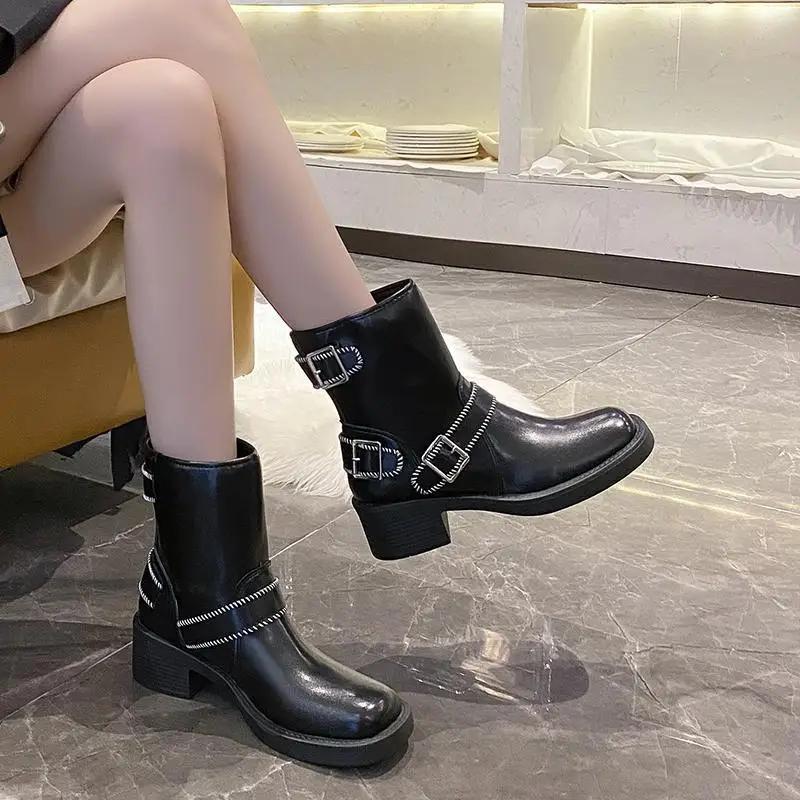 High Quality Fashion Women's Boots Trend Silver Buckle Decoration Knight Boots Women Round Head Western Cowboy Boots Botas Mujer