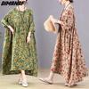 Dimanaf Plus Größe Frauen 2023 Neue Sommer Stil Kleid Lange Hülse O-ansatz Floral Lose Kleid Grün Leinen Grund Kleider
