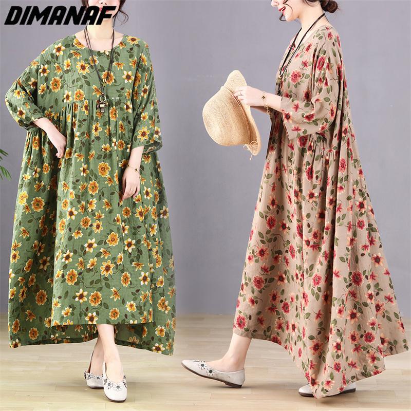 Dimanaf Plus Größe Frauen 2023 Neue Sommer Stil Kleid Lange Hülse O-ansatz Floral Lose Kleid Grün Leinen Grund Kleider