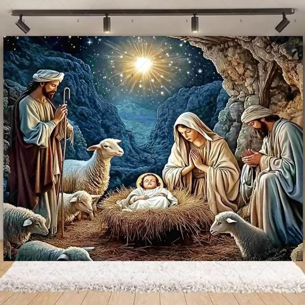 Nativity Scene Background Banner Starry Night Traditional Christmas Religious Jesus Backdrop Supplies Christmas Party Decoration