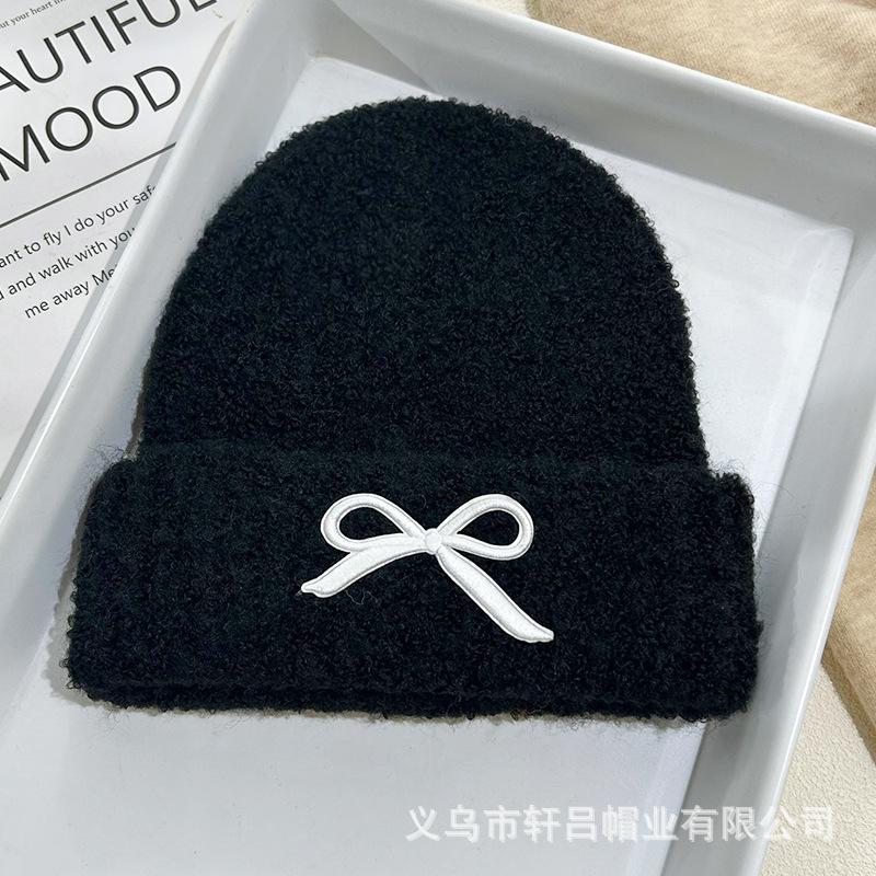 Versatile Fashion Embroidered Bow Knitted Hat Autumn and Winter New Solid Color Versatile Warm Wool Hat Cold Hat