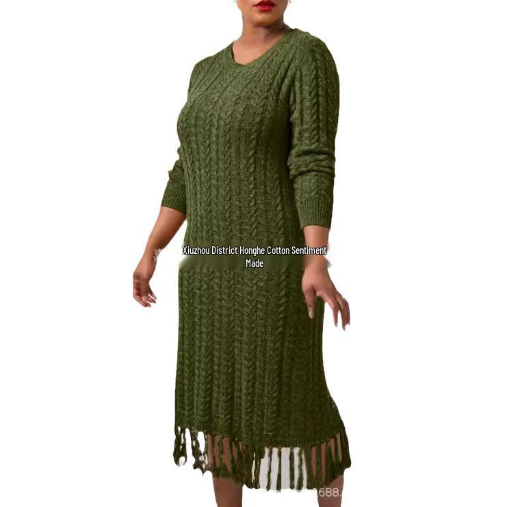 2023 European & American Tassel Cable Knit Sweater Dress for Women - Slim Fit Mid-Length