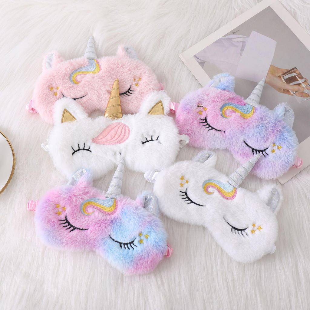 Niedliche Einhorn Kaninchenfell Bestickte Plüsch Schlafmaske zum Lichtblockieren & Augenschutz