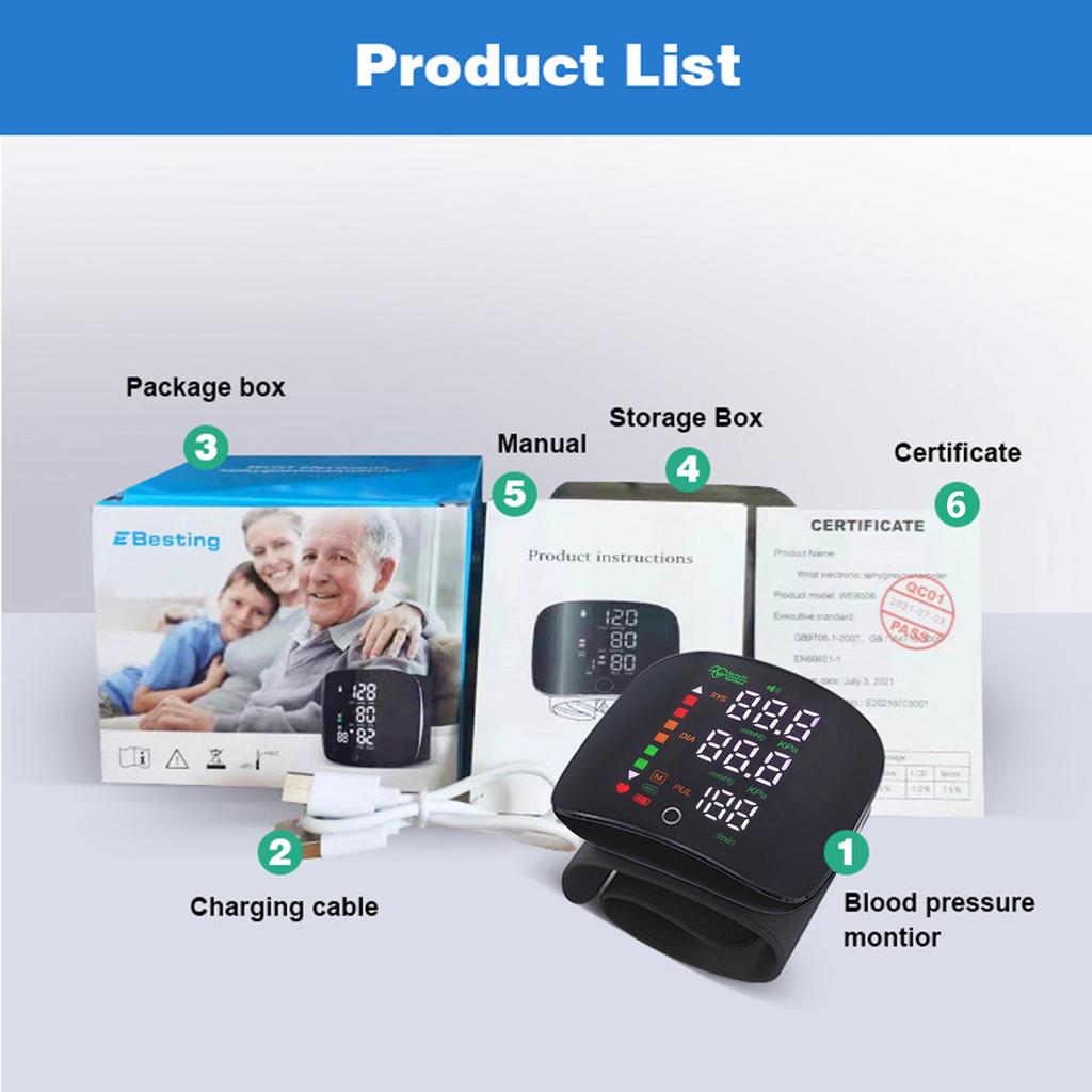 Blutdruckmessgerät, Kontaktbildschirm, dreifarbiges Display, Handgelenkmessung, Zwei-Personen-Speicher