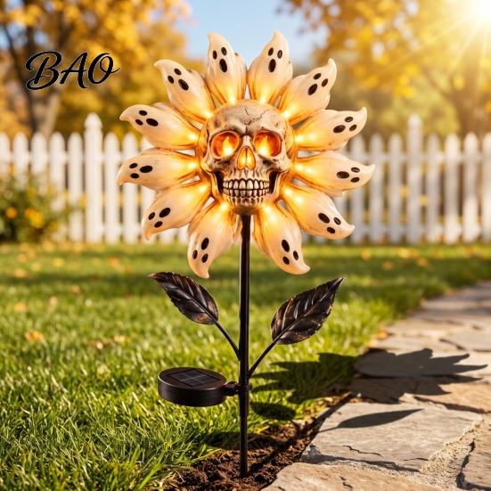Unique Holiday Path Lighting for Patio Solar Powered Skull Sunflower Light, Waterproof Garden Stake Automatic Charging Scary Decor Halloween Yard Lawn
