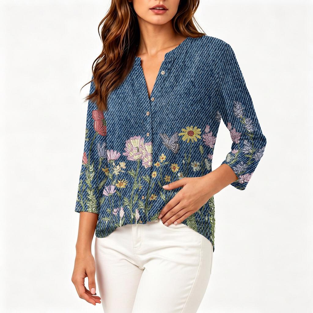 Women's Vintage Floral Print Shirt, Three Quarter Sleeve Cotton Linen Blouse, Casual Button Down Summer Top