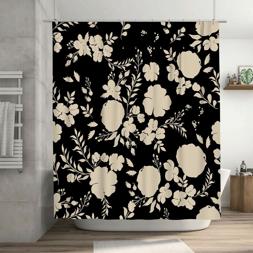 Black White Floral Print Shower Curtain Bathroom Decor Waterproof Polyester Fabric Home Decoration