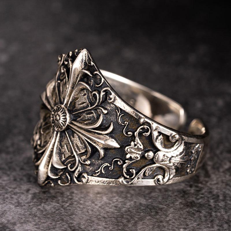 Thai Silver Iris Ring Baroque Engraved Jewelry Single Personality Trendy Man Opening Adjustment Tail Ring