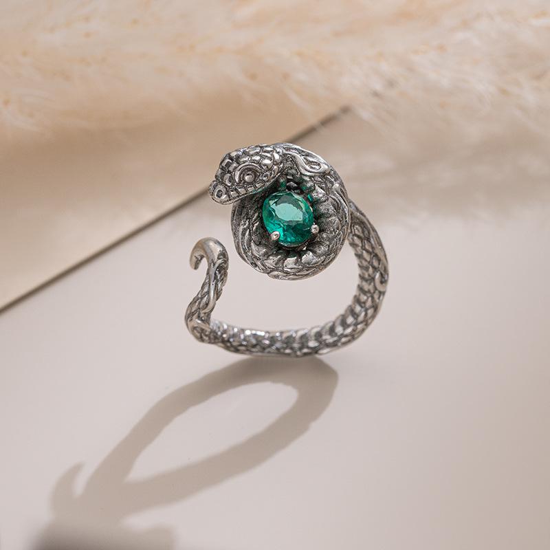 JMXD-trendy Fashion, Ring, Inlaid with Green Zircon Silver-plated Tail Ring Viper Magic Wind