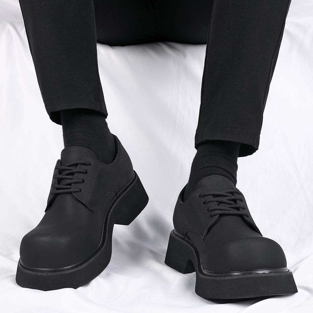 Derby Shoes Black Men's Shoes 2025 New Winter Platform Heightening Big Head Shoes Casual Matte Men's Round Head Leather Shoes