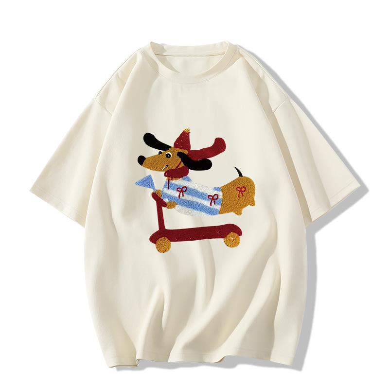 Ladies Summer Short Sleeve Round Collar Cartoon Dog Printed Loose Pullover Casual T Shirt Top
