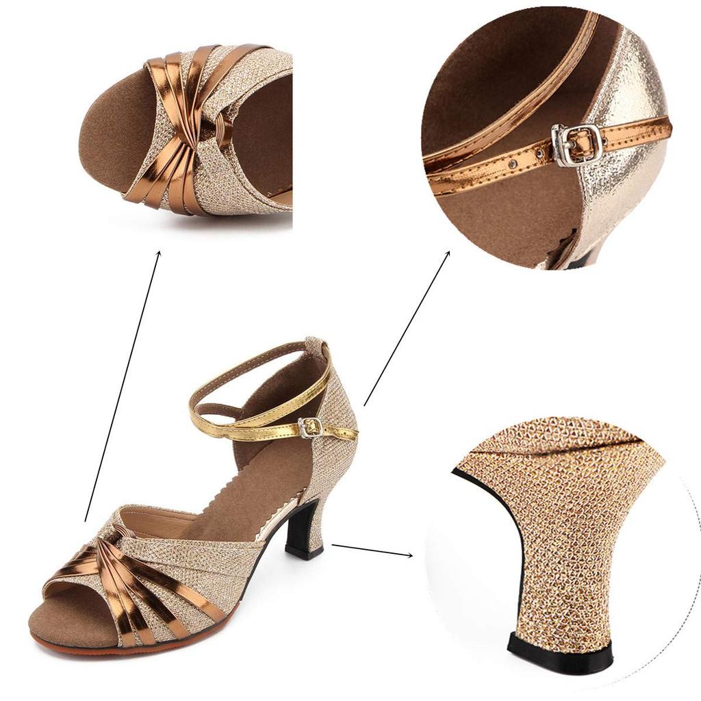 Gengzee Women's Modern Latin Dance Shoes, Adult High Heel Strap Ballroom Dance Shoes with Suede Sole, Gold, Size 24.5cm