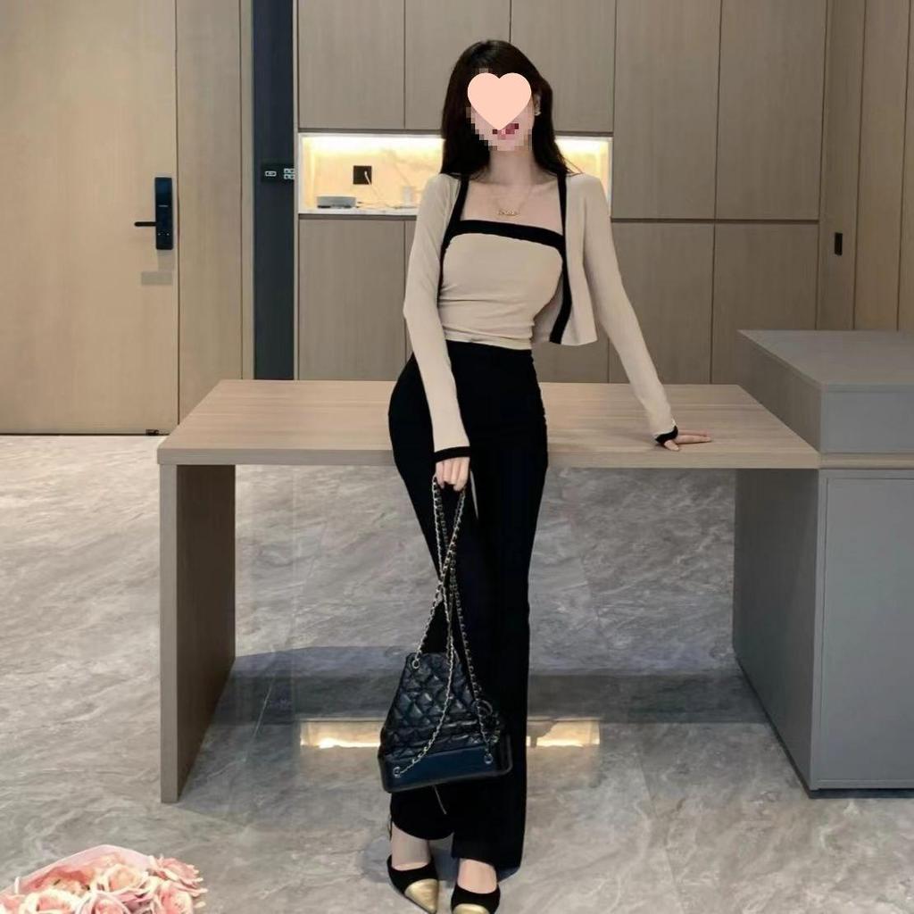 Niche Bodycon Pure Desire Camisole & Slimming Knit Cardigan Set - Women's Two-Piece, Short Tank Top and Long Sleeve Knit Cardigan.