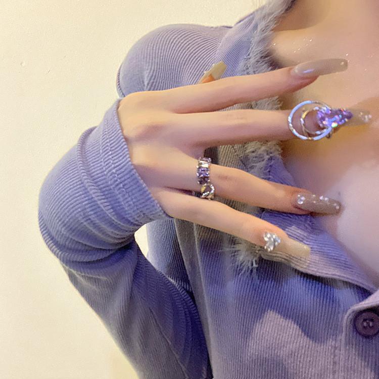 Irregular Purple Water Drop Rhinestone Zirconia Chain Ring For Women Stylish Fashion Accessory