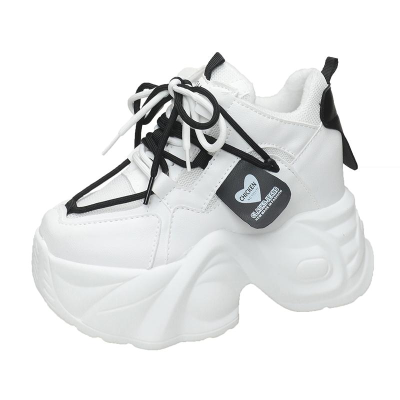 Fashion 9.5CM Women Platform Sneakers Lace-up Autumn Sports Dad Shoes High Top Chunky Casual Shoes Woman Thick Bottom Mesh White Shoes