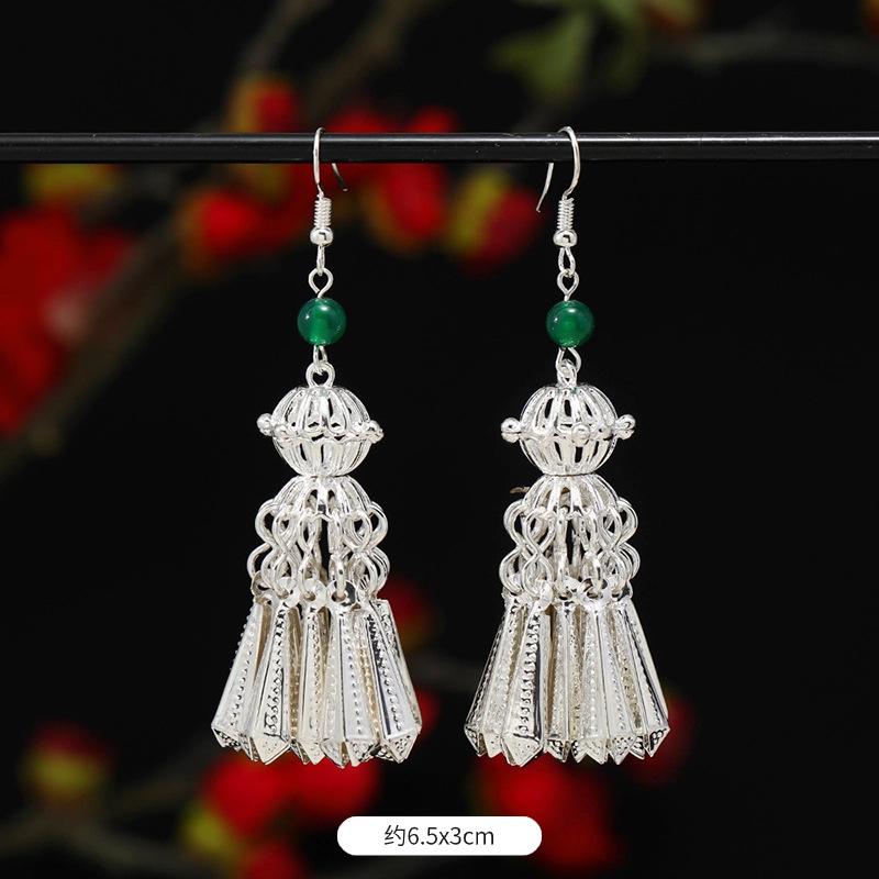 Miao Yin earrings original niche retro Dongling jade earrings long fringed earrings women