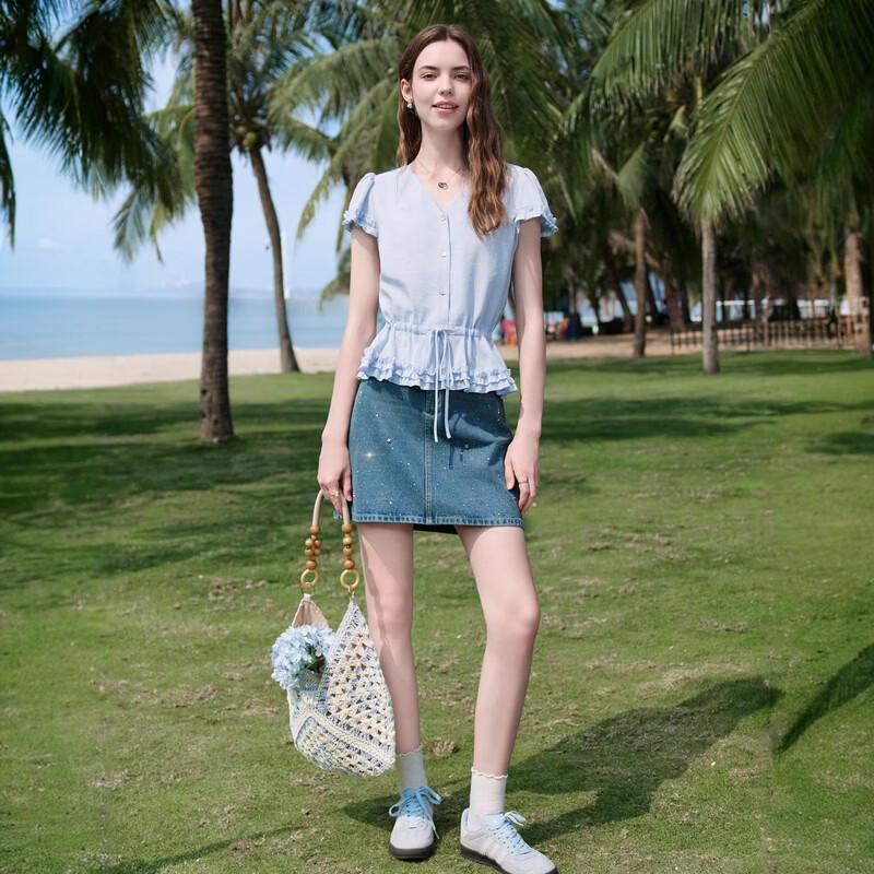 BETU Women's Summer Slim-Fit Short-Sleeve V-Neck Shirt with Adjustable Waist