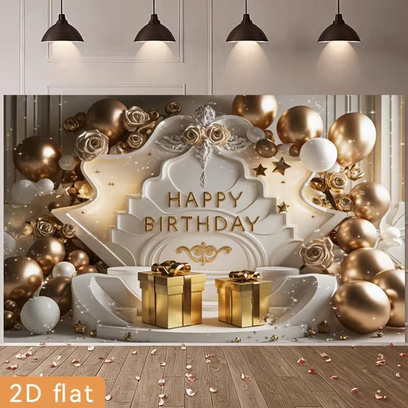 2D Gold Balloon Birthday Backdrop, Elegant White Gold Party Background Banner