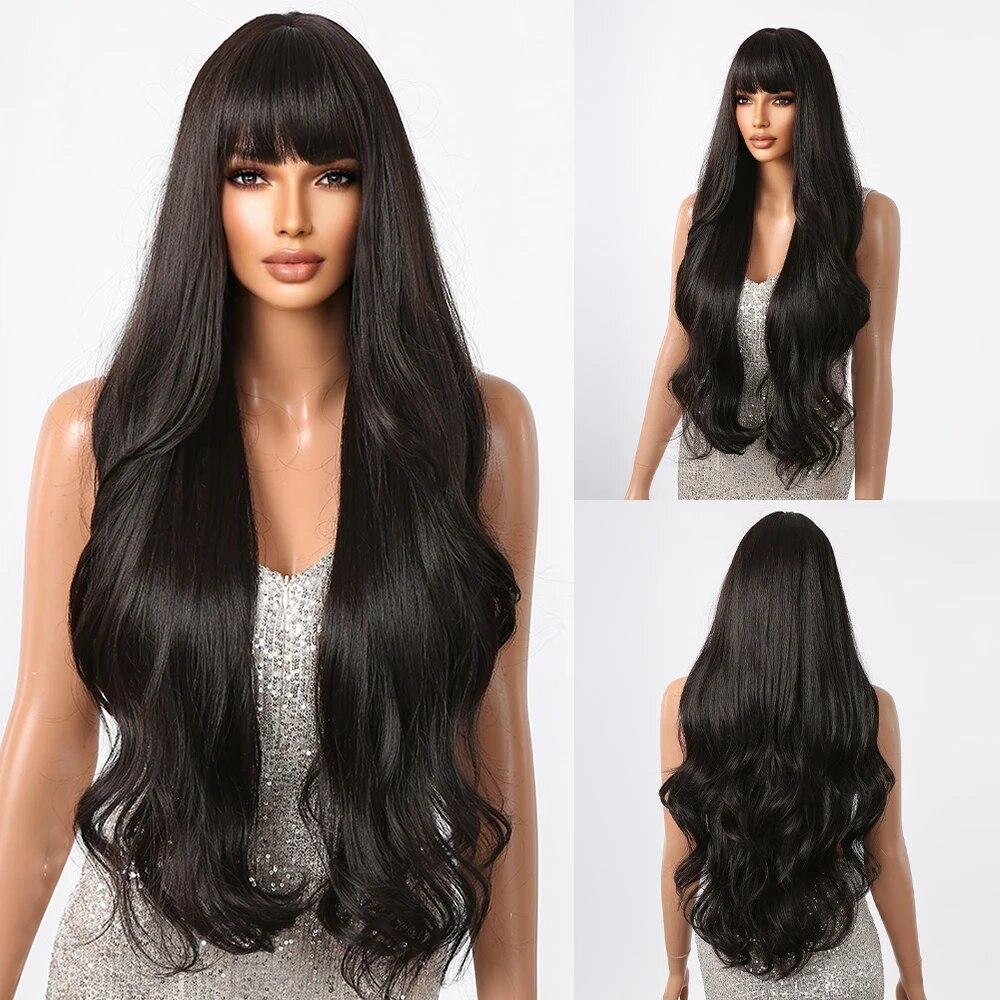 Long Water Wave Synthetic Wigs with Bangs Natural Ginger Brown Loose Curly Wavy Wig for Black White Women Heat Resistant Daily