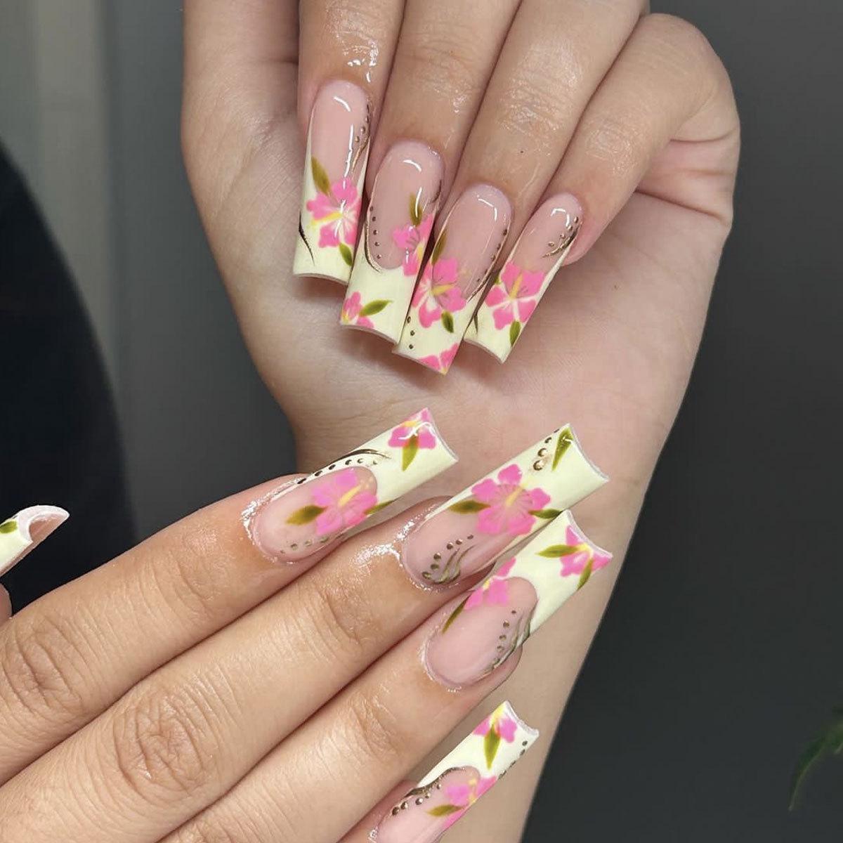 

Colorful Flower Coffin-Shape Detachable Fake Nails with French Edge