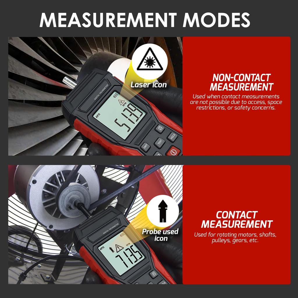Digitaler Drehzahlmesser und Kontaktbereich Handheld-Geschwindigkeitsmesser mit U/min für Automobil-, Industrie- und HLK-Systeme 3-100.000 U/min, Berührungslos 3-19.999 U/min,