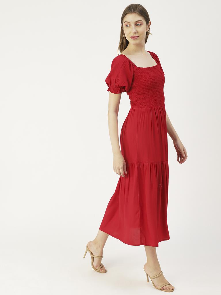 Moomaya Printed Viscose Rayon Summer Dress, Square Neck Smocked Long Dress
