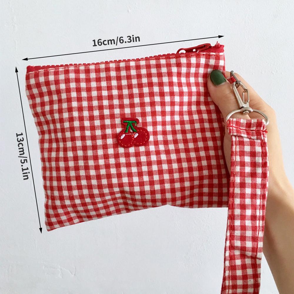 Red Cherry Canvas Lipstick Storage Bag, Portable and Easy To Carry. Red Plaid, Large Capacity Cosmetic Makeup Bag