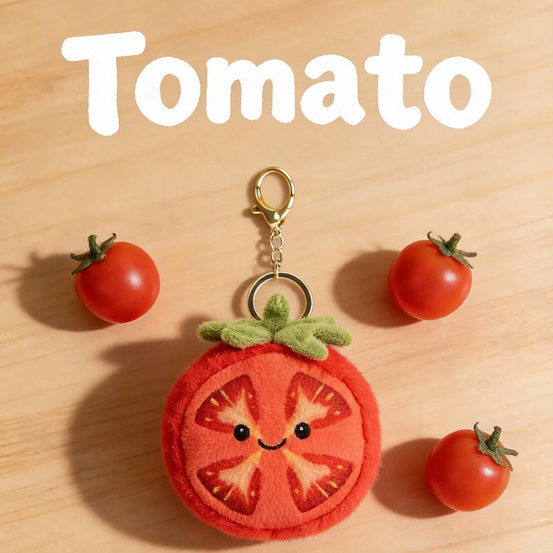 Plüsch-Tomatenscheiben-Schlüsselanhänger mit Stickerei-Design für Geschenk und Taschendekoration