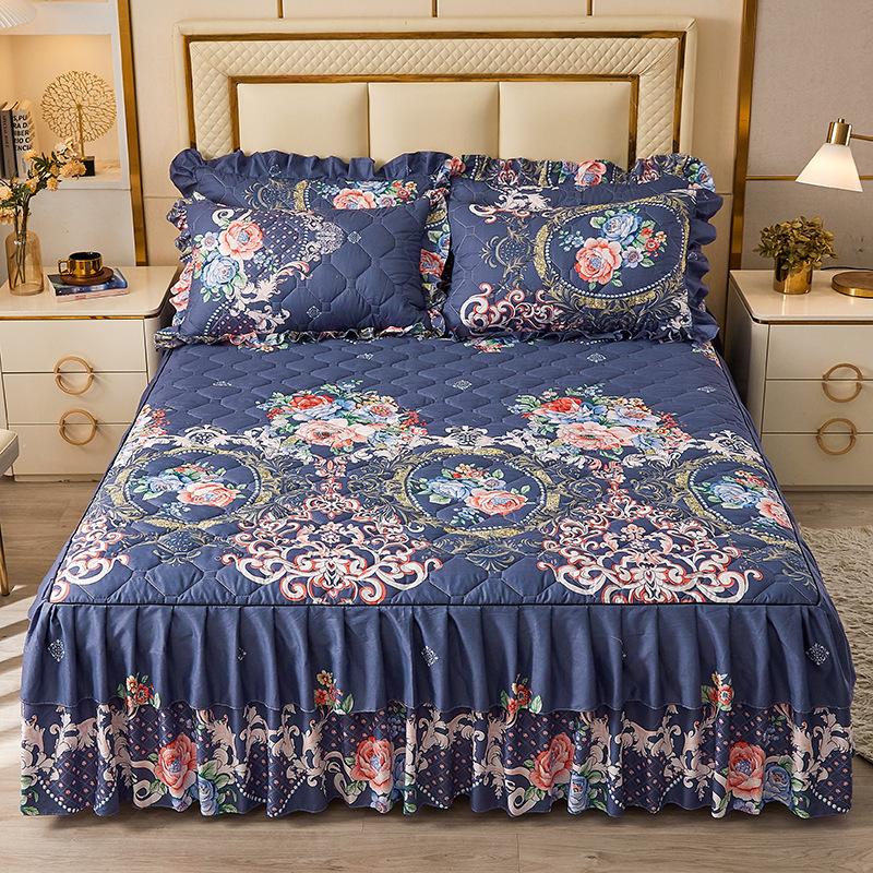 3pcs Bed Skirt Set Solid Color Quilted Thickened Lace Decoration Includes 1 Bed Skirt + 2 Pillowcases Suitable for Home And Hotel