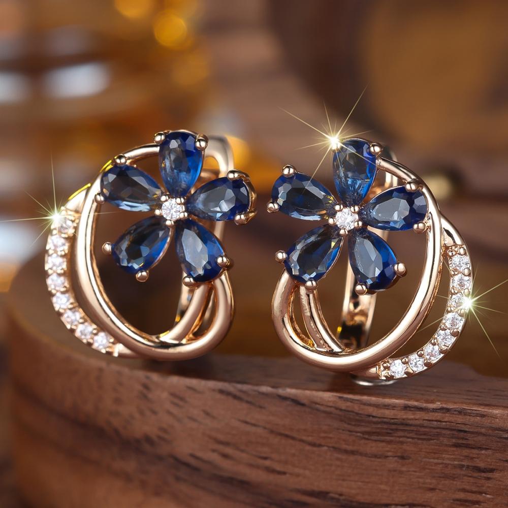 Vintage Blue Cubic Zirconia Flower Earrings for Women Luxury Gold Color Wedding Earrings Party Jewelry