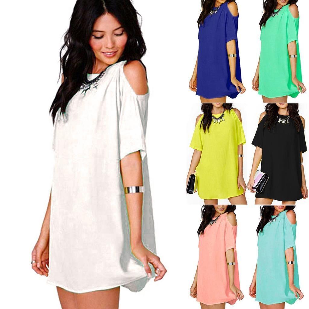 Large Shirt Size Women Shoulder Naked Silk Mousseline Summer Tshirt Dress