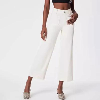Women Jeans with Pockets Elastic High Waist Straight Wide Leg Solid Color Ankle