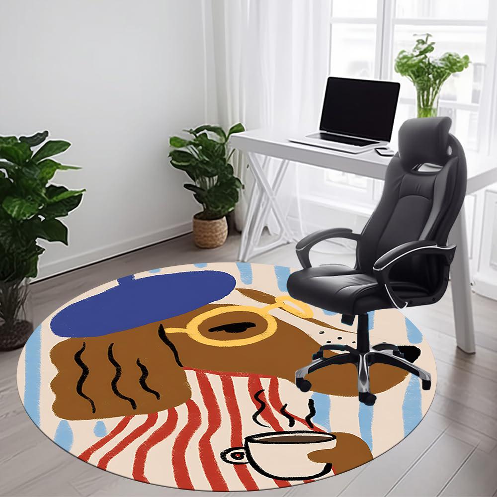 

1pc Dogs Coffee Office Round Area Rug, Indoor Mat Suitable ForOffice, Under Office Chairs Bedroom Living Room Home Decor, Room Deco 099 80cm by 80cm