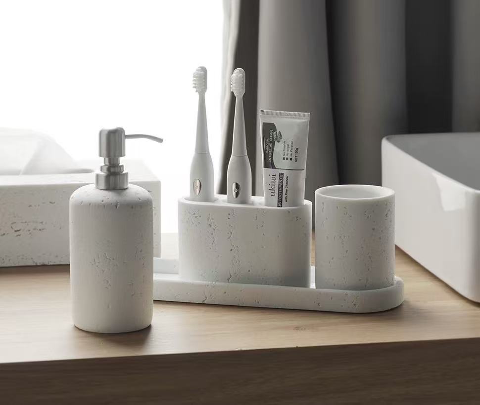 Bathroom Accessories Set  9-Piece Marble White Bathroom Set White Bathroom Accessories with Slim Trash Can Soap Dispenser  Brush