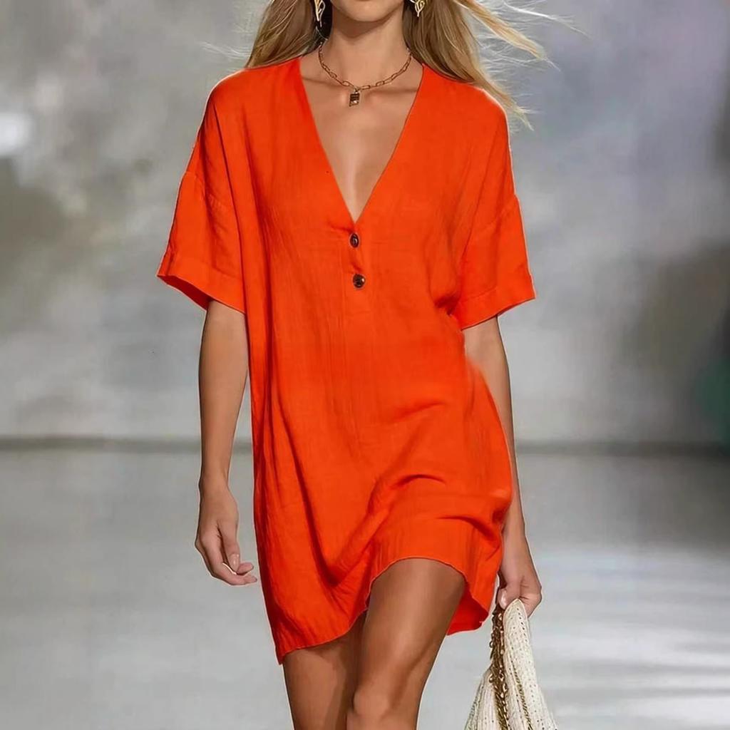 Abito estivo da donna in cotone e lino, scollo a V, manica corta, bottoni, vestibilità larga, casual, alla moda, mini abito per uso quotidiano, vacanze, abbigliamento da spiaggia