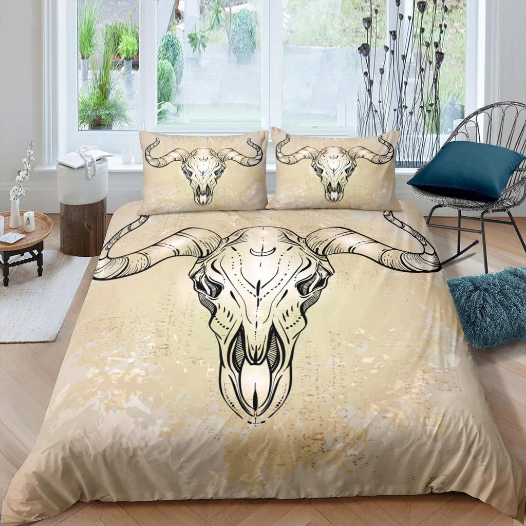 Bull Skull Bedding Set Boho Mandala Duvet Cover for Children Teens Bohemian Feather Print Comforter Cover Animal Skull Pattern