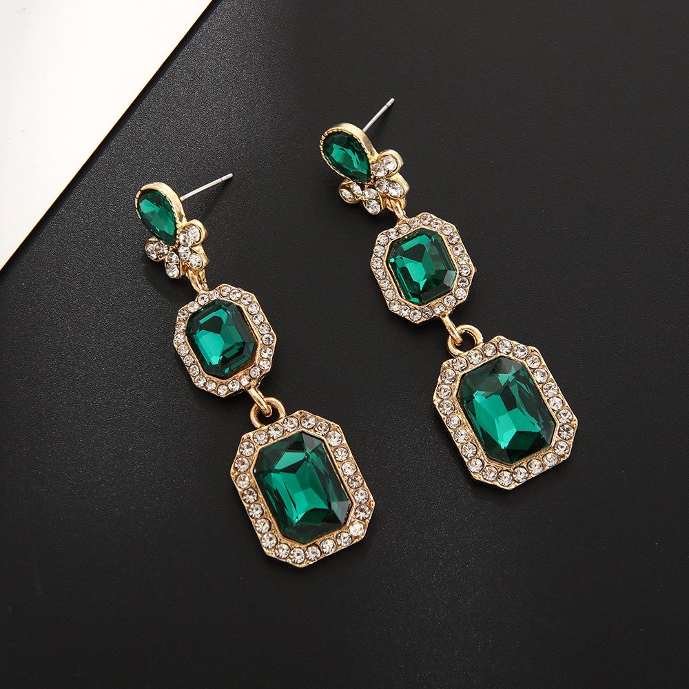 Emerald Rhinestone Geometric Drop Earrings - Women s High-End Luxury Alloy Squares